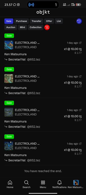Mobile screenshot of the objkt NFT marketplace displaying multiple 'Sale' listings for 'ELECTROLAND' by Ken Matsumura priced at 10.00 tz each.