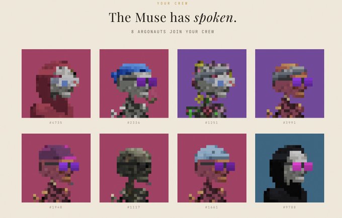 A 'The Muse has spoken' notification showing 8 pixel-art NFT character avatars joining a crew, numbered #4755, #2536, #1251, #3091, #1948, #1117, #1661, and #9788.