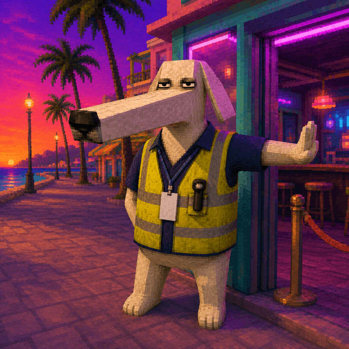 A video game scene featuring a blocky white dog character wearing a yellow safety vest and ID badge, posed with one arm out in a neon-lit street at sunset.