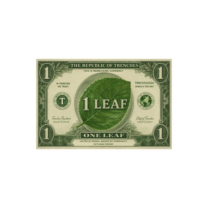 A fake dollar bill designed as "The Republic of Trenches" meme currency, featuring "1 LEAF" denomination with a green leaf center and the tagline "United by memes, backed by community, not legal tender," visually representing the post's concept of replacing traditional mass currency with a community-driven "LEAF" token inspired by childhood leaf trading.