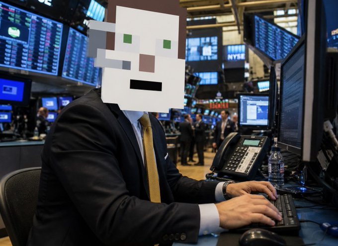 A trader in a dark suit and gold tie works at a computer terminal on what appears to be the floor of the New York Stock Exchange, with the NYSE sign visible in the background. His face is obscured by a Minecraft-style pixelated image.