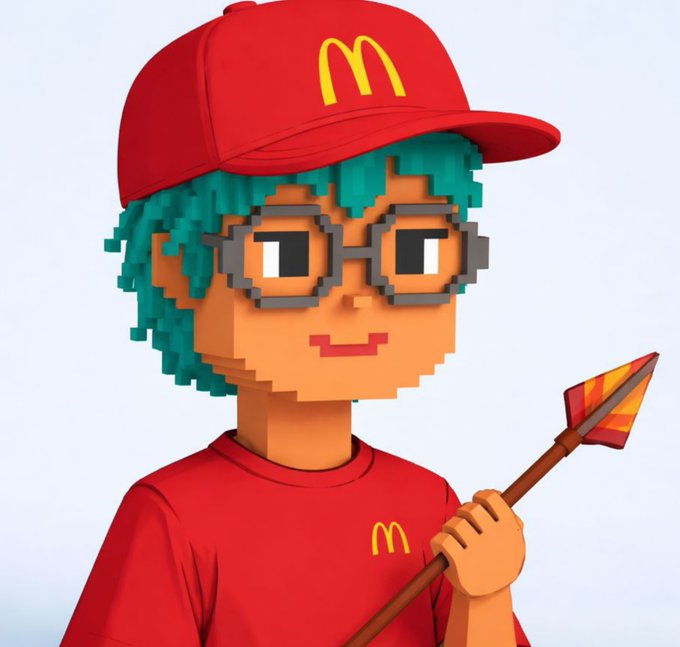A 3D pixel-style character with teal hair and glasses wears a red McDonald's cap and shirt while holding a pixelated spear.