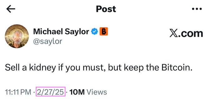 The image features a post by Michael Saylor that reads "Sell a kidney if you must, but keep the Bitcoin." The post was created at 11:11 PM on February 27th, 2015, with 10 million views. The caption is written in a humorous tone and includes a reference to Bitcoin.
