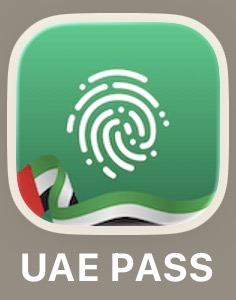 The app icon for 'UAE PASS', featuring a green background with a white fingerprint graphic and a stylized UAE flag at the bottom.