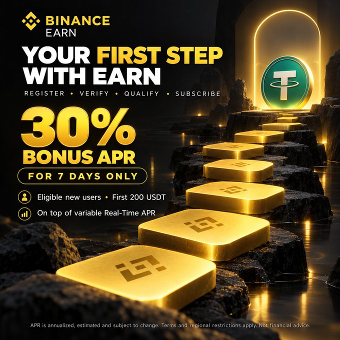A Binance Earn promotional advertisement offering a 30% bonus APR for 7 days on the first 200 USDT for eligible new users, featuring a glowing USDT coin and gold Binance token steps.