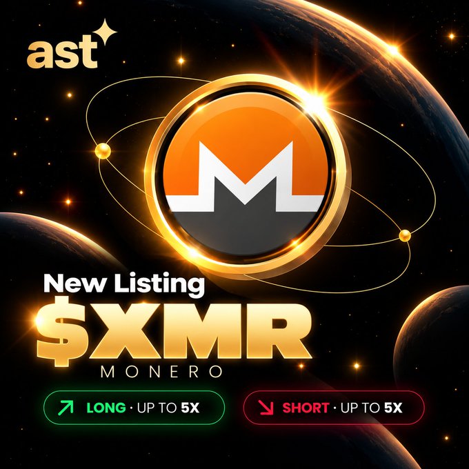 A promotional graphic for a cryptocurrency listing featuring the Monero (XMR) coin with the text 'New Listing $XMR MONERO', 'LONG - UP TO 5X', and 'SHORT - UP TO 5X'.