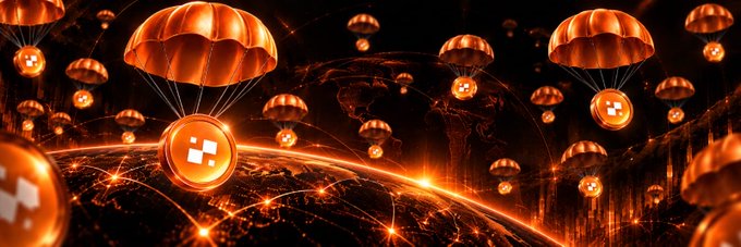 Digital artwork featuring multiple golden parachutes descending toward a glowing Earth, each carrying golden coins with a logo, connected by bright orange light trails.