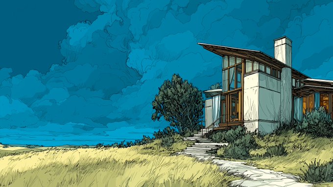 A stylized, illustrated digital artwork depicts a modern house situated on a grassy hill, featuring large windows, stone pathways, and a moody blue cloudy sky in the background.