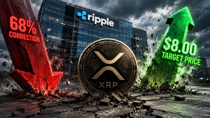 The image depicts a coin falling towards a building with Ripple written above it. There are two arrows pointing downwards, one located near the top left corner of the image and another closer to the center. These arrows represent the decrease in price for Ripple, possibly due to a correction or upcoming expansion phase. The overall scene conveys the idea that cryptocurrency prices may be affected by changes within the market.