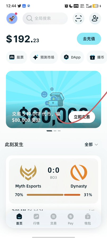 The image shows a Binance Web3 wallet home screen displaying a balance of $192.23, with a promotional banner for a DTF trading competition offering $80,000 in rewards, and a Current Events section showing a Myth Esports vs. Dynasty esports matchup at 0:0 (BO3) with 70% and 31% prediction percentages. The post relates to the DTF trading competition mentioned in the banner, where the user reports spending 200U on wash trading to qualify for the $15U reward, suffering 8U in losses over three trades.