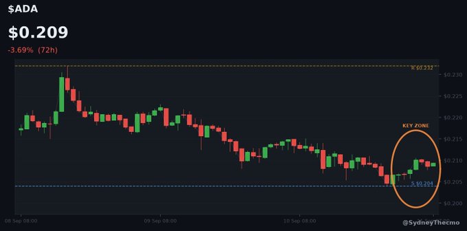 A candlestick chart showing ADA trading at $0.209, down 3.69% over 72h, with a highlighted "KEY ZONE" circled in orange near $0.208 support, posted by @SydneyTheCmo.