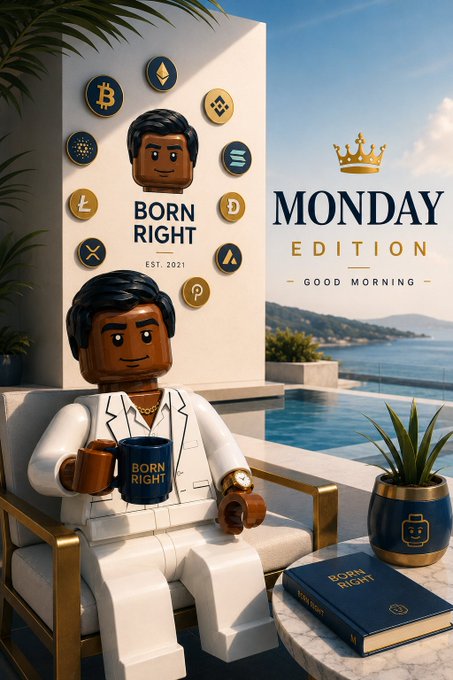 'Born Right' Monday Edition Good Morning promotional image featuring a LEGO-style minifigure in a white suit holding a mug, surrounded by crypto coin logos (BTC, ETH, SOL, XRP, etc.) against a Mediterranean villa backdrop.