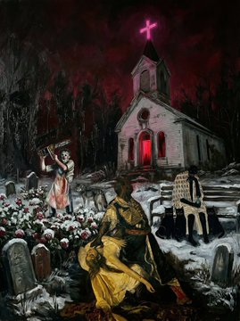 A dark, horror-themed illustration depicting a church with a glowing red cross, a graveyard, a sinister clown figure, and a person kneeling in the foreground.