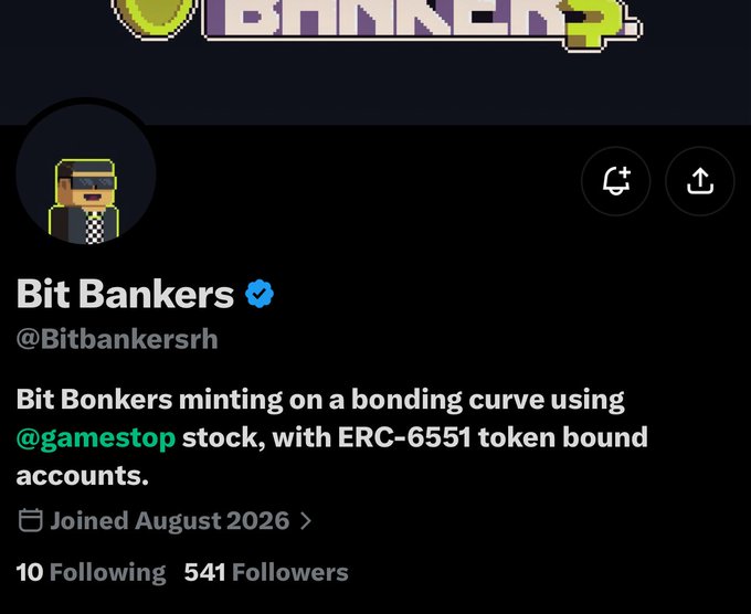 Twitter profile of Bit Bankers (@Bitbankersrh), a verified account with 541 followers describing itself as 'Bit Bonkers minting on a bonding curve using @gamestop stock, with ERC-6551 token bound accounts.'