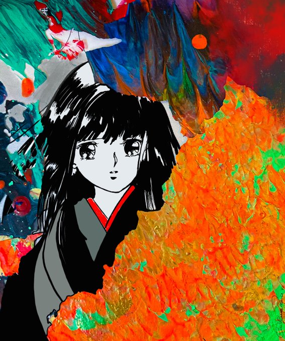 An anime-style illustration of a girl with dark hair in a kimono rendered in black and white, contrasted against a vivid, colorful abstract painted background.