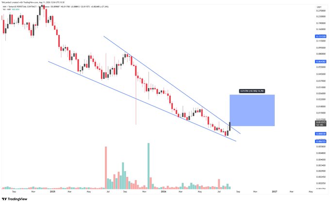 A TradingView price chart for FLM/USD (Flamingo) on KuCoin, displaying a descending channel pattern in a downtrend with candlestick data, volume bars, and a highlighted blue rectangle projecting a potential upward target zone.