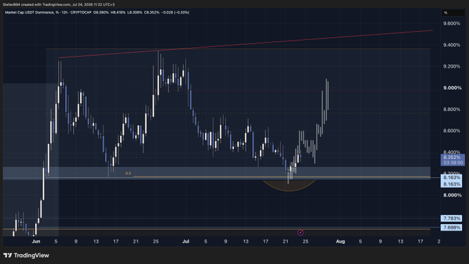 A TradingView candlestick chart of CRYPTOCAP: OTHERS.D (excluding top 10 dominance) from late July 2024, showing a recent bullish rally peaking near 9.20% before pulling back toward key support around 8.18%–8.36%, with the USDT Dominance annotation highlighting the recent resistance-turned-support zone relevant to the $USDT.Dom post.