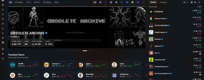 The image displays the OpenSea NFT marketplace homepage featuring the "OBSOLETE ARCHIVE" collection with a floor price of 0.007 ETH, alongside trending token listings like $STONK at $208.6M and $Pepe at $52.9M, supporting the post's claim about Pepemfers topping the collection rankings and meme culture's resurgence on the platform.