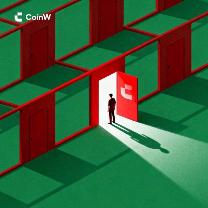 An isometric illustration shows a figure standing at the threshold of a single illuminated red door within a maze of closed doors, with the "CoinW" logo visible in the top-left corner and on the open door. The visual pairs with "Your move." to evoke a pivotal moment of decision, highlighting CoinW as the one open opportunity among many closed paths.