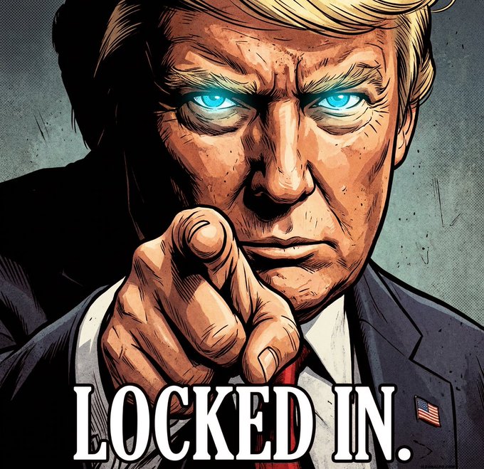 This comic-style image features a man resembling Donald Trump pointing directly at the viewer with glowing blue eyes and the text "LOCKED IN." superimposed at the bottom. The image relates to the post's mention of "$XRP" and the "$XRP" token being "locked in" as part of a "Golden Bull Run."