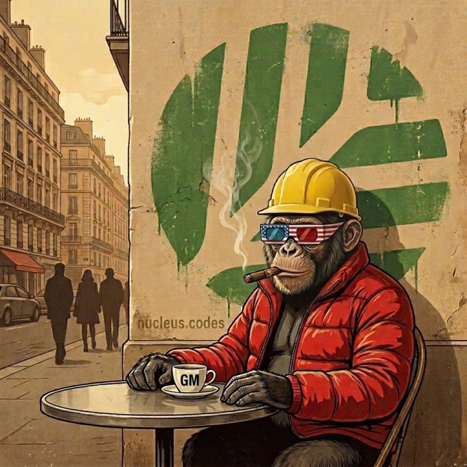 An illustrated gorilla wearing a yellow hard hat, American flag-themed sunglasses, and a red puffer jacket smokes a cigar at a Parisian café table, with a coffee cup labeled "GM" in hand and a green graffiti-style leaf mural behind him. The "GM" text and the post's theme of simplifying node operations tie together as a playful, on-brand visual celebrating the @CNPYNetwork launch and Friday's relaxed crypto-community greeting.