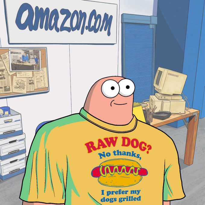 The cartoon depicts a wide-eyed man in an "amazon.com" office, wearing a yellow t-shirt that reads "RAW DOG? No thanks, I prefer my dogs grilled." The post humorously promotes an NFT by claiming this bizarre, low-effort image of an Amazon worker in a meme shirt represents the "upcoming Fonz NFT on Robinhood," joking that anyone who doesn't mint it is "retarded."