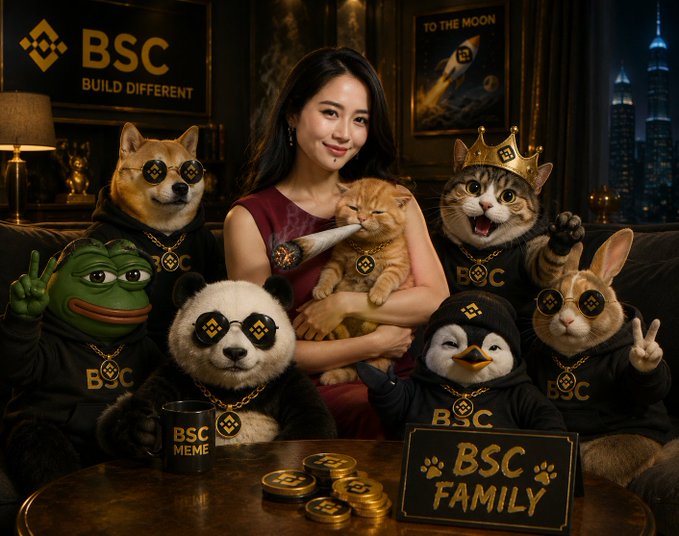 An AI-generated promotional image for 'BSC' featuring a woman surrounded by various animals (Shiba, cat, pepe, panda, penguin, rabbit) wearing BSC hoodies and gold chains in a luxurious room with 'BSC FAMILY' signage.