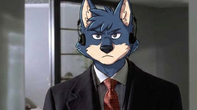 An anime-style character with a blue wolf or dog head wearing headphones, a black suit, and red tie stands with a serious expression.