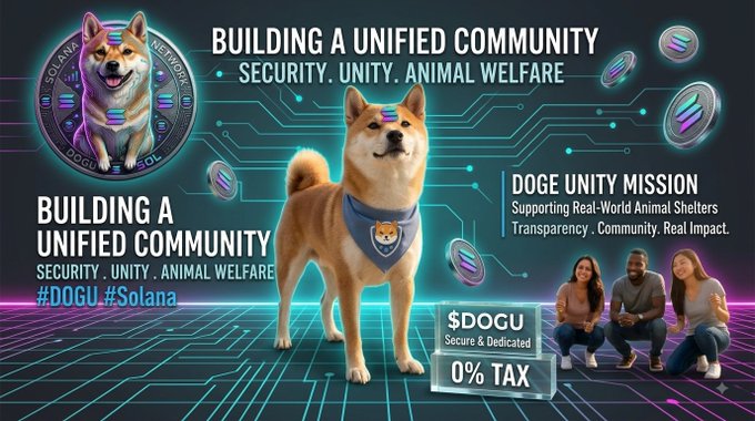 A promotional graphic for the DOGU token on Solana featuring a Shiba Inu dog wearing a blue bandana, with text reading 'BUILDING A UNIFIED COMMUNITY', 'SECURITY. UNITY. ANIMAL WELFARE', and '0% TAX', alongside floating Solana tokens and the hashtags #DOGU #Solana.