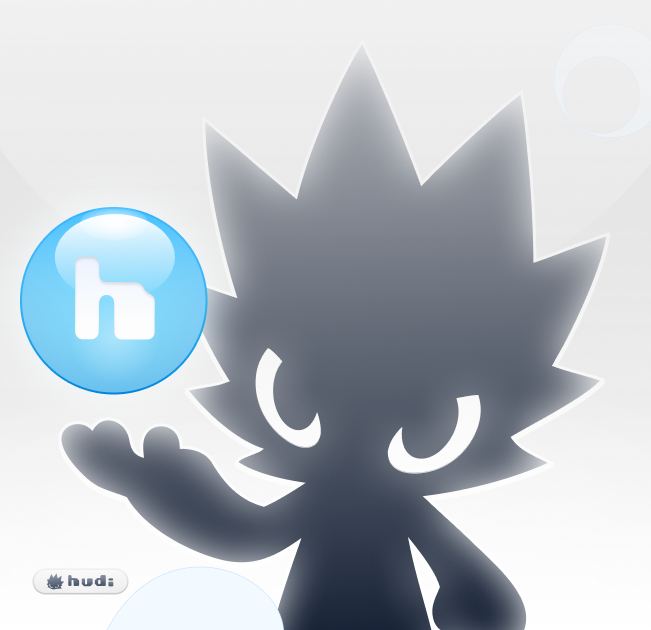 A graphic showing a dark silhouetted cartoon character with spiky hair next to a blue circular icon with the lowercase letter "n", with "#hud:" text at the bottom.