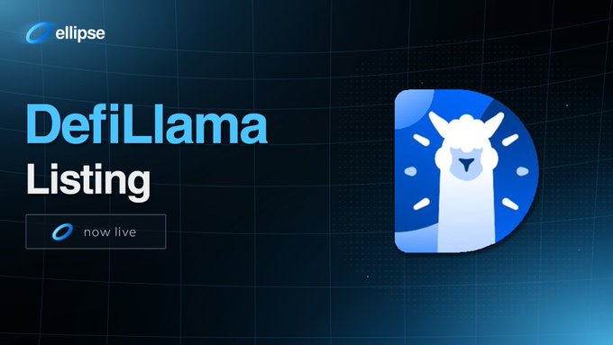 DefiLlama listing announcement on the Ellipse platform showing the llama logo app icon and 'now live' button.