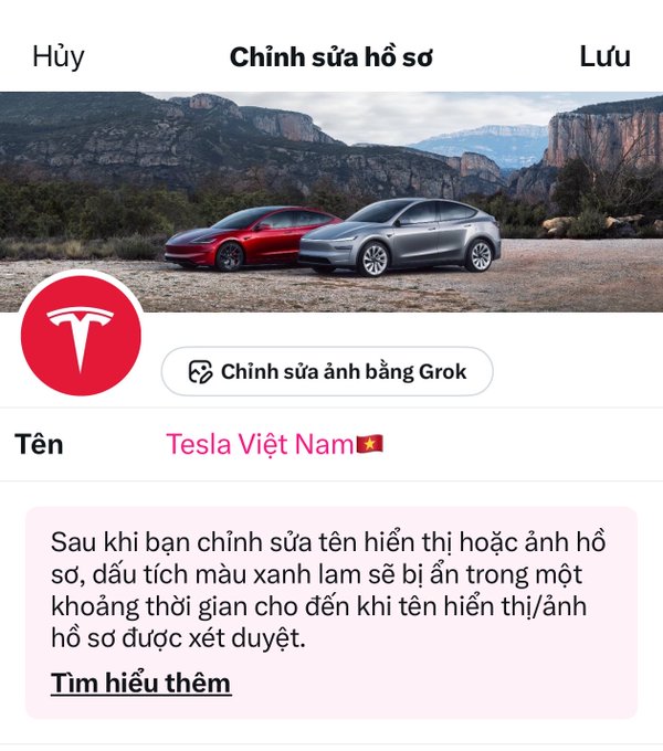 A Vietnamese profile editing screen ('Chỉnh sửa hồ sơ') for 'Tesla Việt Nam' featuring two Tesla vehicles (red and silver) in a canyon landscape, with a Grok edit photo option visible.