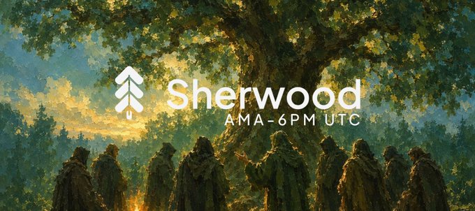 A promotional graphic for a Sherwood AMA event scheduled for 6PM UTC, featuring a fantasy painting of hooded figures gathered around a massive tree in a forest setting, with the Sherwood logo (a stylized tree icon) and name prominently displayed. The image ties to the post by promoting the Sherwood agent ($WOOD) during a turbulent market moment, using the dramatic "blood in the streets" scene to emphasize resilience and long-term commitment among holders.