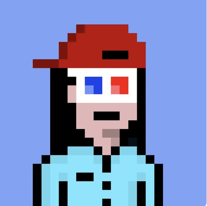 Pixel art portrait of a pale character with black hair, wearing a red backwards cap, red and blue 3D glasses, and a light blue shirt, against a blue background.