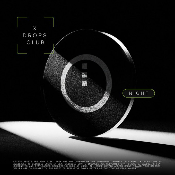 A sleek black disc with a stylized "i" logo is dramatically lit in the dark, accompanied by "X DROPS CLUB" branding and a "NIGHT" label, announcing the launch of $NIGHT tokens on X Drops with a 5-minute drop window in Europe.