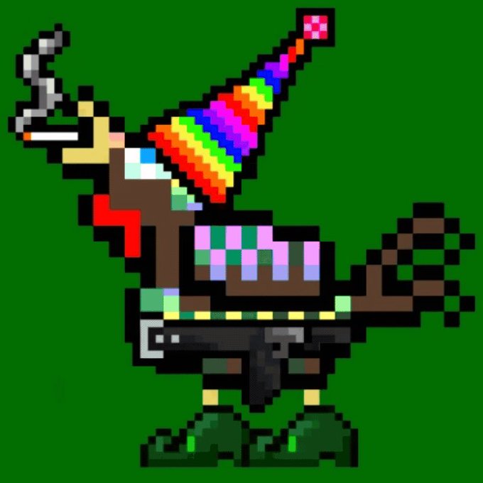 Pixel art illustration of a character with a brown body, wearing a rainbow-colored party hat, a belt with a gun, and green shoes, set against a solid green background.
