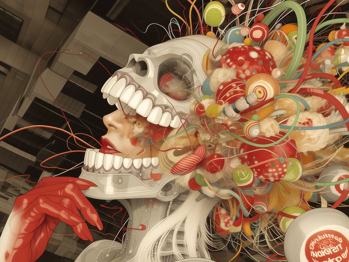 A surreal digital illustration of a half-skeletal, half-flesh face erupting with colorful mushrooms, candies, and organic tendrils, with a red hand resting near the jaw and a partially visible 'Springwood Monster Rodeo!' badge in the corner.