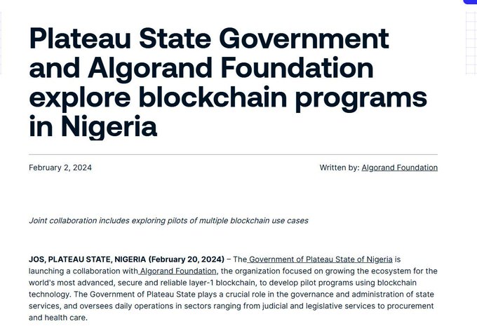 Article headline: 'Plateau State Government and Algorand Foundation explore blockchain programs in Nigeria', dated February 2, 2024, announcing a collaboration on blockchain pilots.
