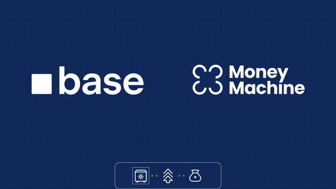 The image features a blue background with white text that reads "Base Money Machine" and "Base Base", indicating that the company is building upon its existing base system, which includes the money machine concept. The text also mentions other platforms like x402, ERC-8004, ERC-4626, etc., suggesting that the company is working on various aspects of the money machine ecosystem.