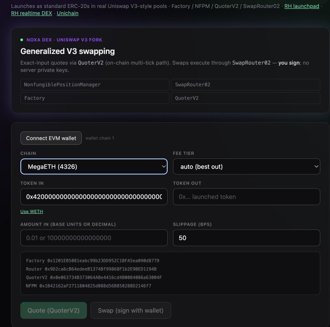 Screenshot of the NOXA DEX interface (a Uniswap V3 fork) for generalized V3 swapping on MegaETH (4326) chain, with fields for token amounts, slippage set to 50 bps, and contract addresses listed for Factory, Router, QuoterV2, and NFPM.