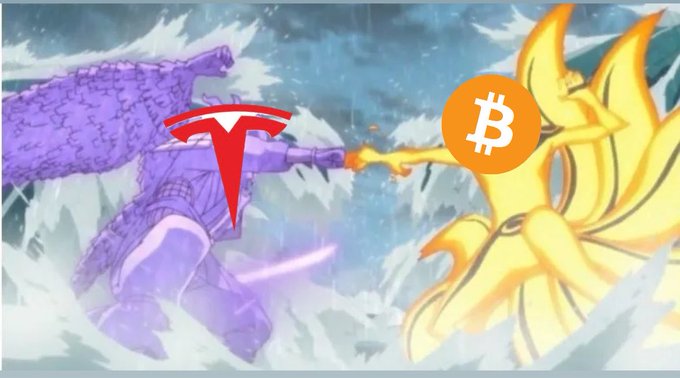 An animated battle scene showing a purple titan clashing with a golden titan, with the Tesla logo overlaid on the purple figure and the Bitcoin logo overlaid on the golden figure.