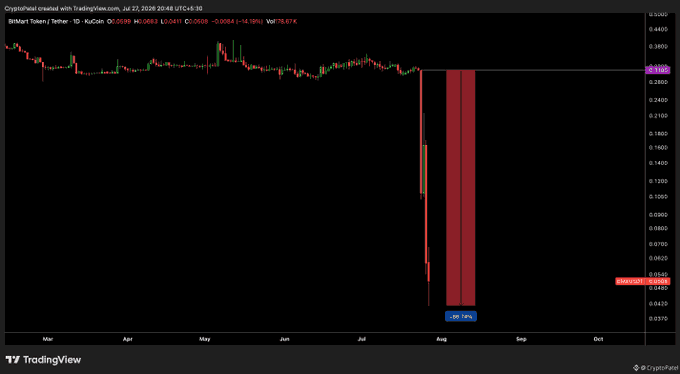 A TradingView candlestick chart titled 'CryptoWhell created with TradingView.com, Jul 27, 2026 20:48 UTC+4:30' showing the BRNKR Token/Tether 1D pair, highlighting a dramatic -20.19% (-78%) price crash in late July/early August with a sharp red downward move.