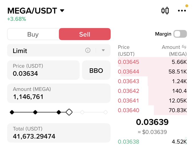 A screenshot of a MEGA/USDT sell order on a crypto exchange showing 1,146,761 MEGA listed at a limit price of 0.03634 USDT (totaling 41,673.29 USDT), with the order book showing bids only down to 0.03638 USDT. The image illustrates the poster's lament about being the sole seller ("exit liquidity") for $MEGA, as the displayed sell stack towers over the thin buy-side bids, suggesting no real buyers exist to absorb the supply.