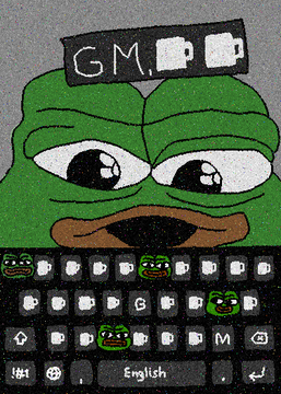 A cartoon illustration of the Pepe the Frog meme depicted with large teary eyes, using a smartphone keyboard to type 'GM' displayed in a text bubble above.