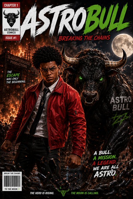 A comic book cover titled "ASTROBULL: BREAKING THE CHAINS," Issue #1 from Astrobull Comics, Chapter 1, featuring a young man in a red jacket beside a fierce black bull with glowing green eyes against a fiery cityscape.