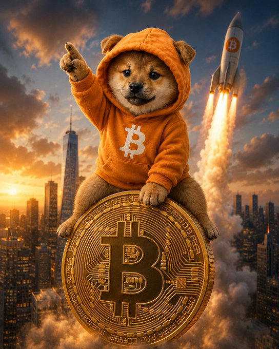 The image features a small brown dog wearing an orange hoodie, sitting atop a golden Bitcoin coin that has been altered with the text "Bitcoin Say It Back". The background of the image shows a city skyline at sunset, creating a visually striking contrast between the warm hues of the sky and the cool tones of the Bitcoin coin.

The post includes a link to the original image on its header, which is likely meant to be shared by someone who wants to see the original photo or to learn more about Bitcoin. The caption "Bitcoin Say It Back" suggests that the dog's message is related to Bitcoin and its origins as a digital currency.