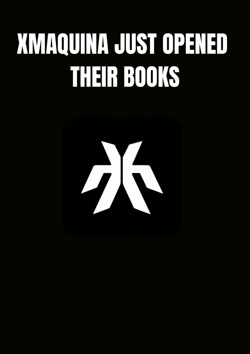 The image features a black background with white text that reads "Xmaquina Just Opened Their Books". The text is positioned above an X shape, which is also white. Below this, there are two lines of white text that read "Rich people have been in these deals for years. Now you can see exactly what they own $DEUS @xmaquina".
