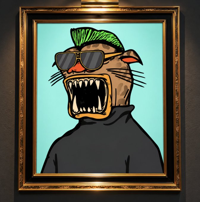 A framed cartoon illustration of a fierce-looking cat or weasel with green hair, wearing sunglasses, a red nose, and a black turtleneck against a light blue background.
