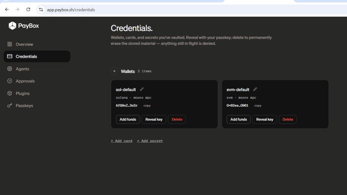 A screenshot of the PayBox.sh credentials page showing two wallet entries ('sol-default' and 'evm-default') with their addresses and options to add funds, reveal keys, or delete.