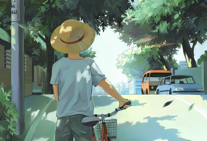 An anime-style illustration showing a person from behind wearing a straw hat and light blue shirt, holding a bicycle and looking down a sunlit street lined with trees, with cars visible in the distance.